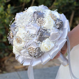 Handmade Rhinestone Brooch Satin Bridal Bouquet 9Inch Crystal Round Tossing Wedding Bouquet Artificial Flower Bunch With Diamond Pearl Ribbon Pearl Ribbon