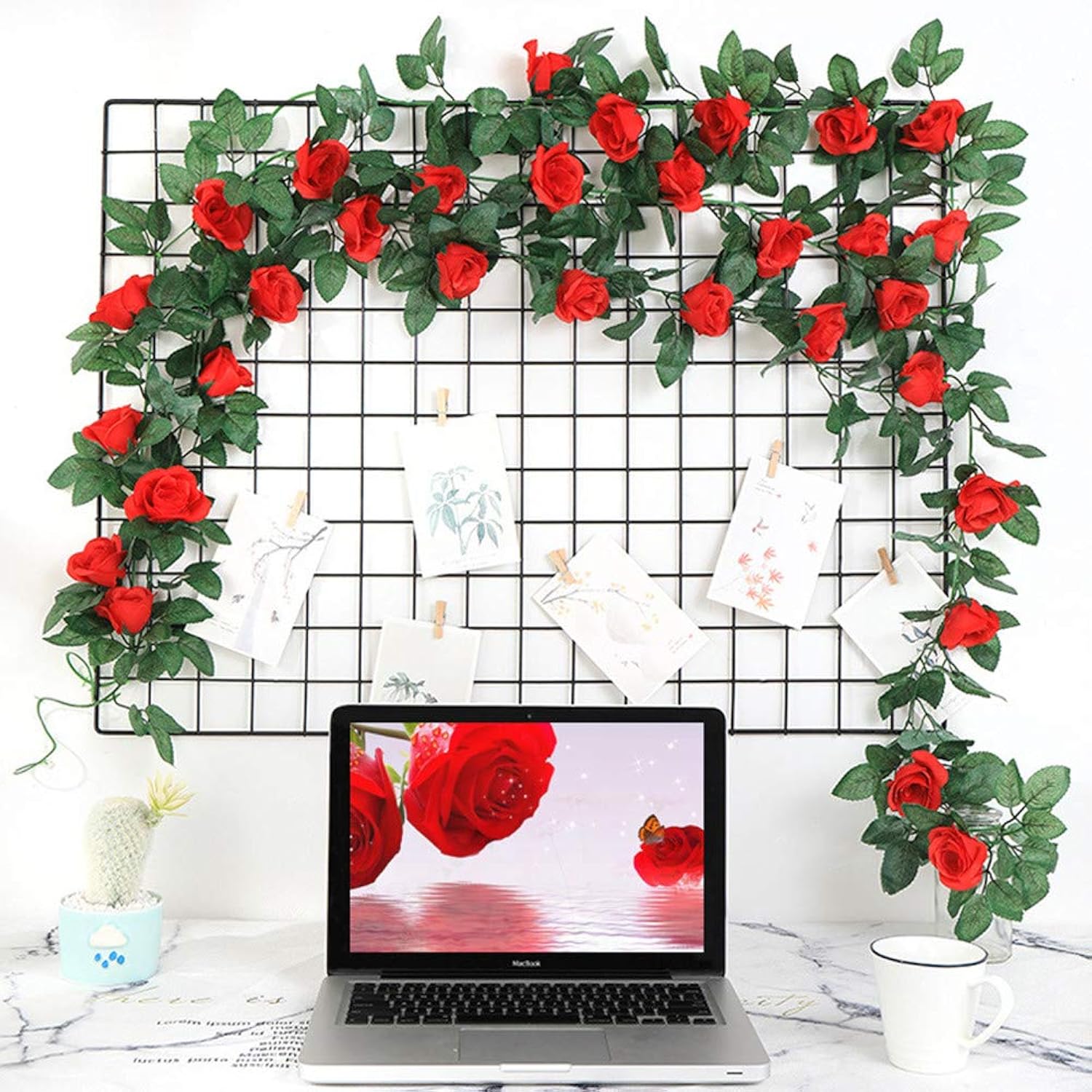 16 Ft Fake Rose Vine Garland Artificial Flowers Plants Hanging Rose Ivy Home Hotel Office Wedding Party Garden Décor (Red/2Pcs)