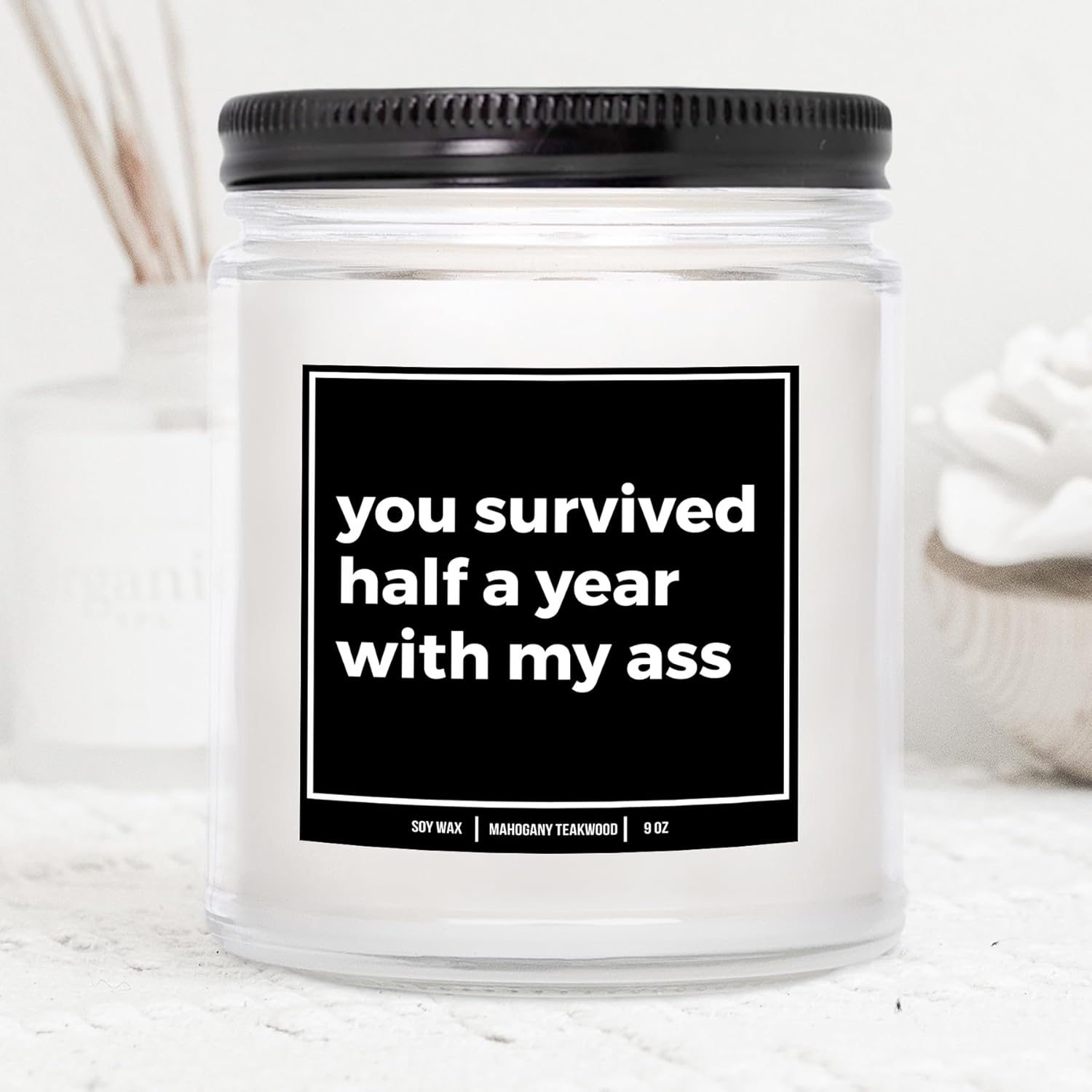 You Nique Designs 6 Month Anniversary Present - 9Oz Candle Gifts For Monthly Anniversaries - 6 Month Anniversary Candle For Boyfriend, Girlfriend - 6 Months Gift Ideas (Mahogany Teakwood)