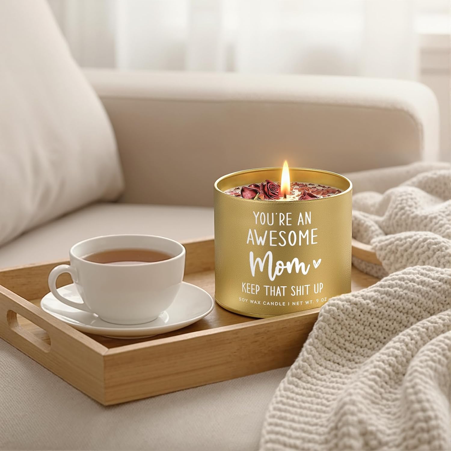 Funny Gifts For Mom Birthday Valentines Day, You Are An Awesome Mom Candle, Best Moms Ever Gifts For Valentines, Mothers Day, Christmas, Soy Wax Candle With Dried Rose, 9Oz (Matte Gold)