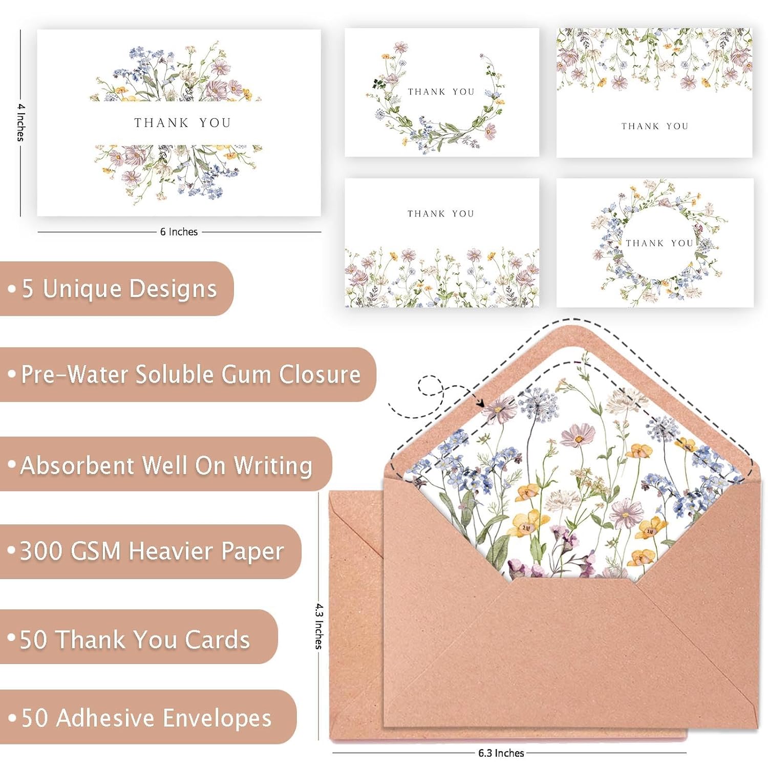 50 Pcs Wildflower Thank You Cards, 4X6 Inches Wildflower Thank You Cards With Adhesive Envelopes For Birthday Baby Shower Bridal Shower Wedding