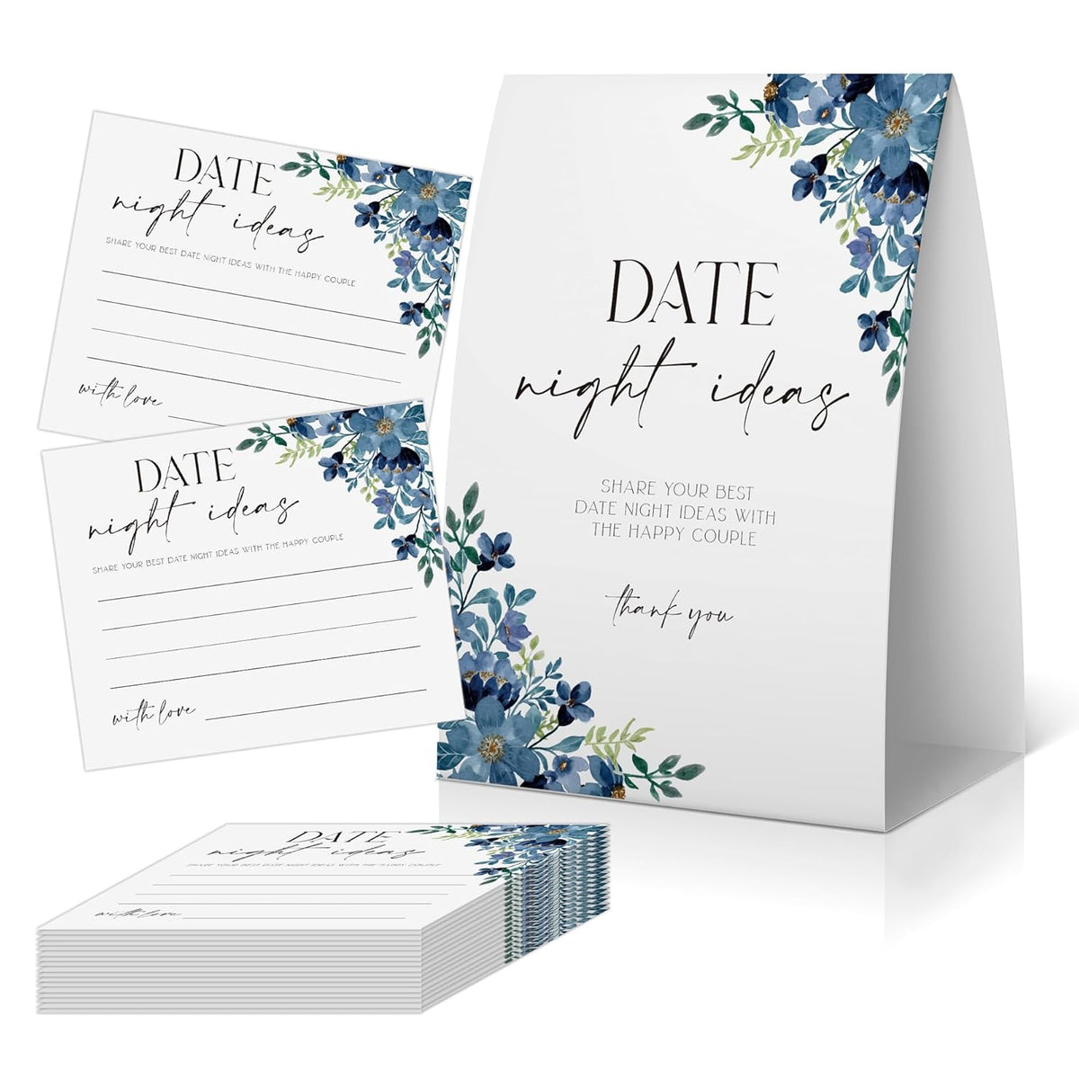 Date Night Ideas For Bridal Shower (One Sign + 50 Ideas Cards), Wedding Games 50 Guests, Bridal Shower Games, Blue Floral Bridal Shower Sign,Something Blue Before I Do Decoration -Dn18