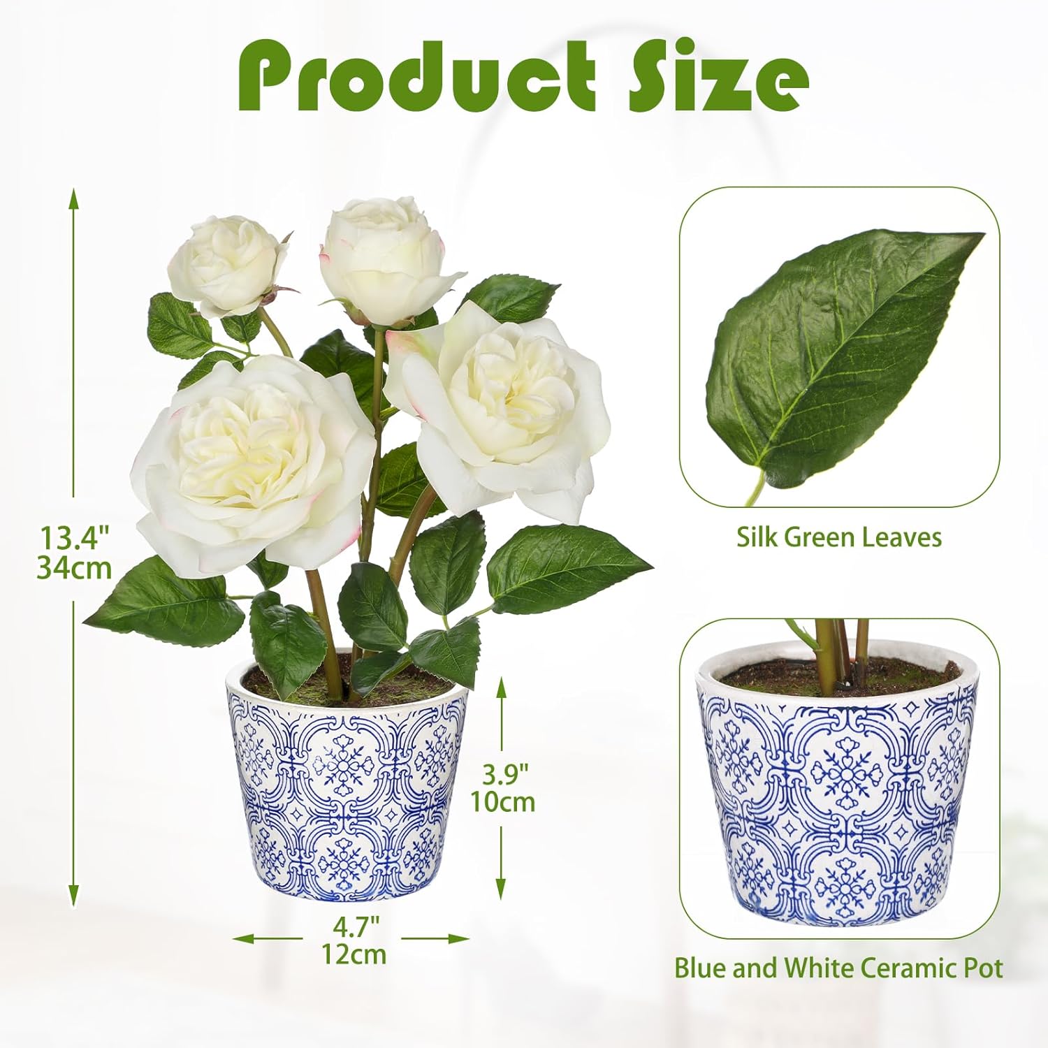 White Real Touch Roses Artificial Flowers In Vase Blue And White Porcelain Ceramic Pot 13.4" Fake Roses Flower Arrangement Artificial Plants & Flowers Potted Plant Faux Silk Rose Flower