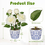 White Real Touch Roses Artificial Flowers In Vase Blue And White Porcelain Ceramic Pot 13.4" Fake Roses Flower Arrangement Artificial Plants & Flowers Potted Plant Faux Silk Rose Flower