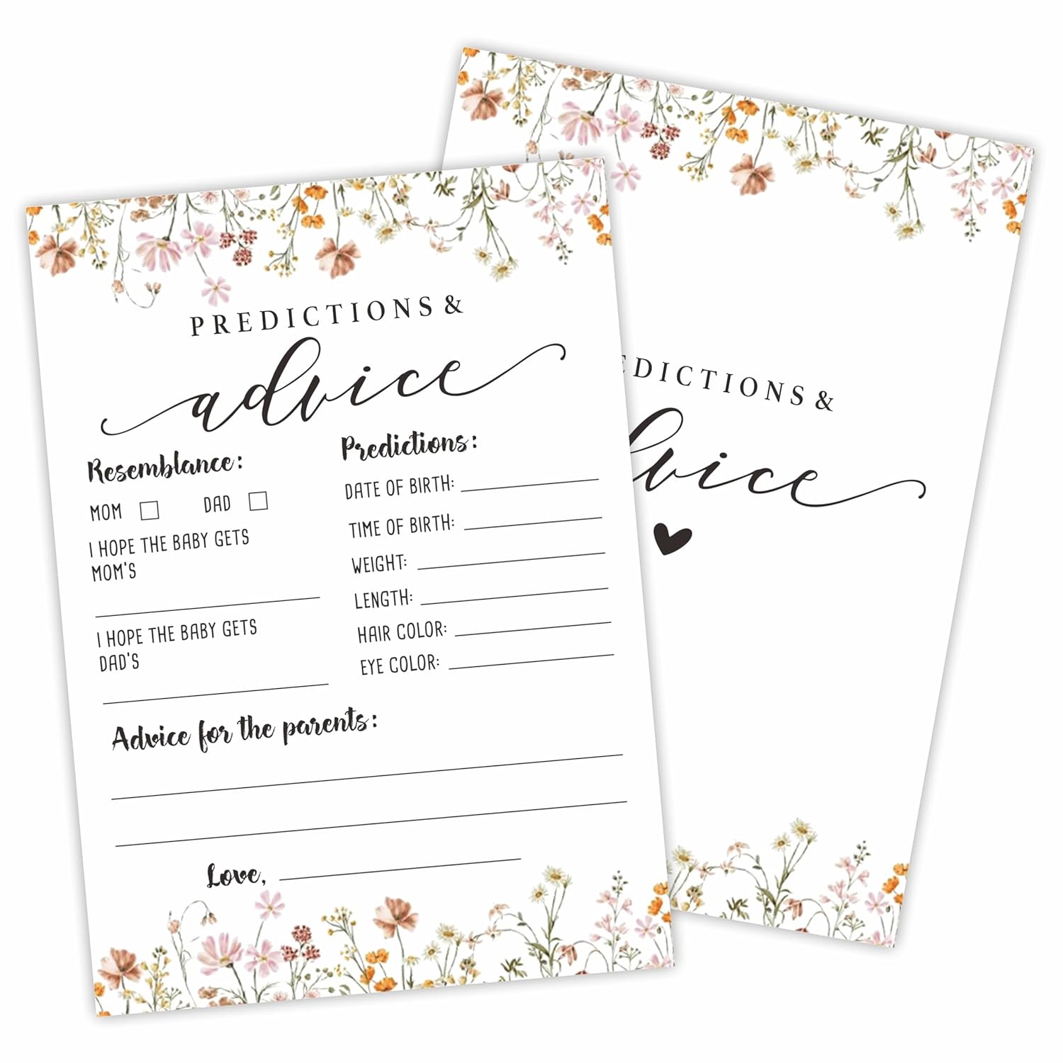 Baby Shower Game Cards, 30 Floral Theme Double-Sided Game Cards For Baby Announcement, Baby Predictions & Advice Game Cards, Spring Wildflower,Gender Reveal Party Favor, Activity - C04