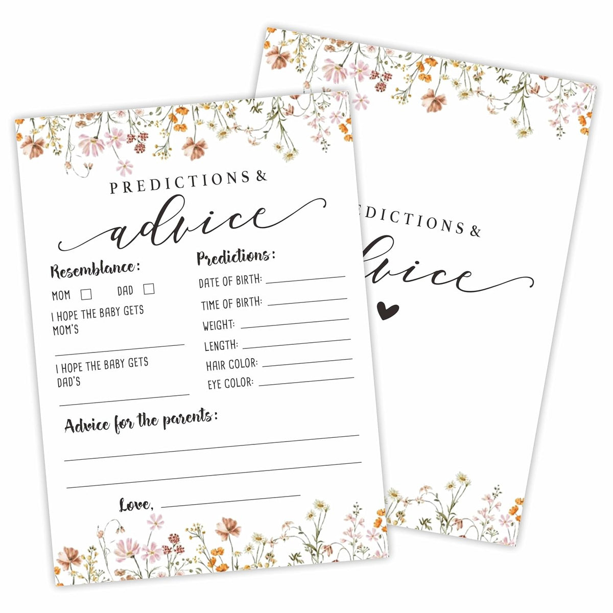 Baby Shower Game Cards, 30 Floral Theme Double-Sided Game Cards For Baby Announcement, Baby Predictions & Advice Game Cards, Spring Wildflower,Gender Reveal Party Favor, Activity - C04