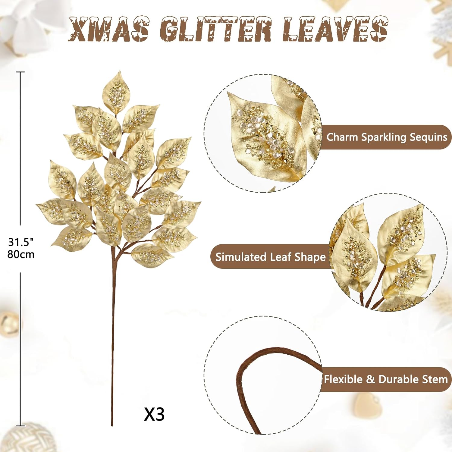 Christmas Tree Picks And Sprays 31.5" Gold Atrificial Elm Leaves With Stems 3 Pcs Christmas Picks For Tree Gold Vase Fillers Golden Leaf Decor For Diy Xmas Trees Centerpieces Wedding Bouquet Decor