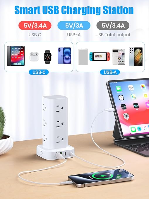 Tower Surge Protector Power Strip 12 Outlets 4 USB Ports 6FT Flat Extension Cord Charging Station White
