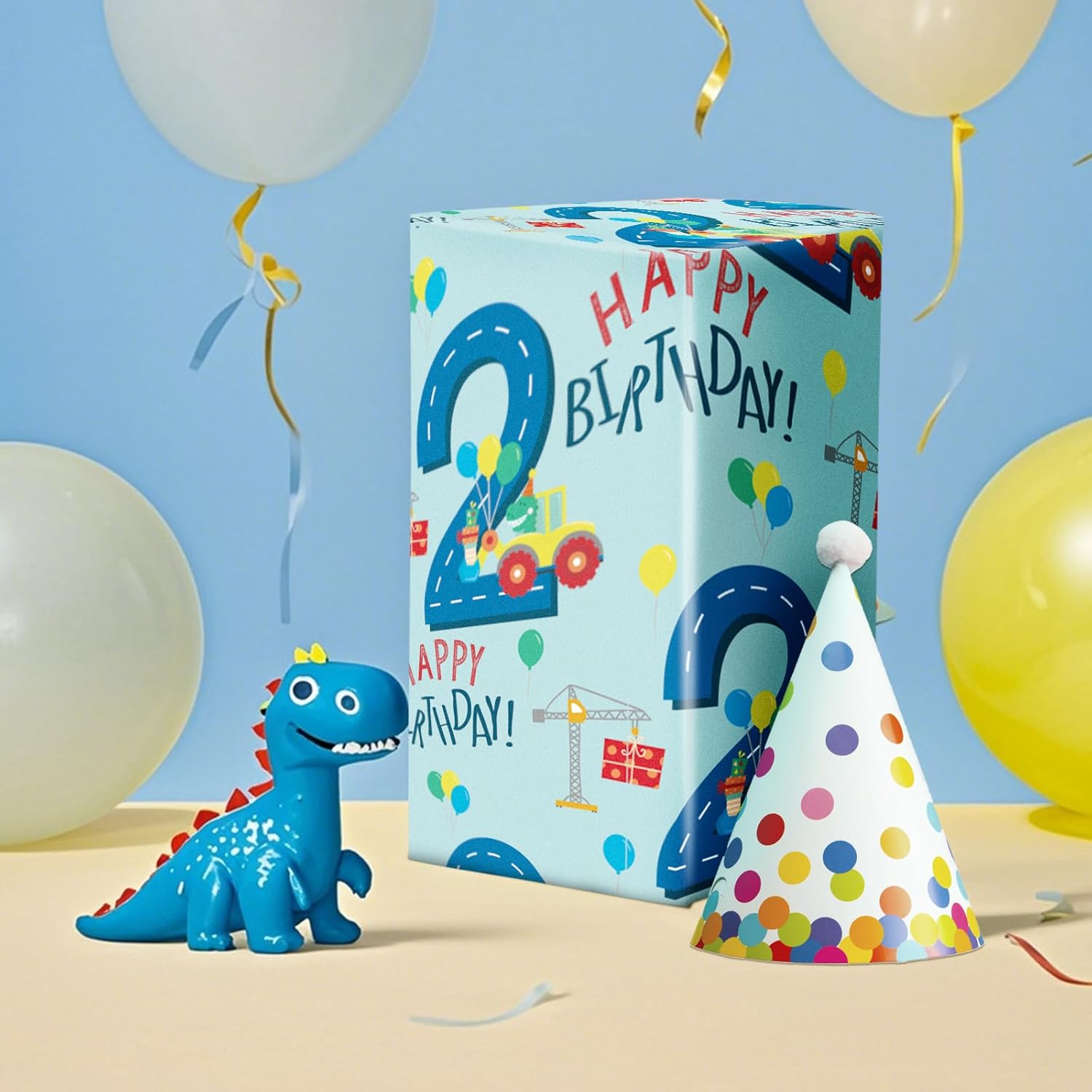 Birthday Wrapping Paper For Boy - Mini Roll - Dinosaur Truck Happy Birthday Design For Boys' Birthday Party And More - 17 Inches X 16.4 Feet - 2 Year Old