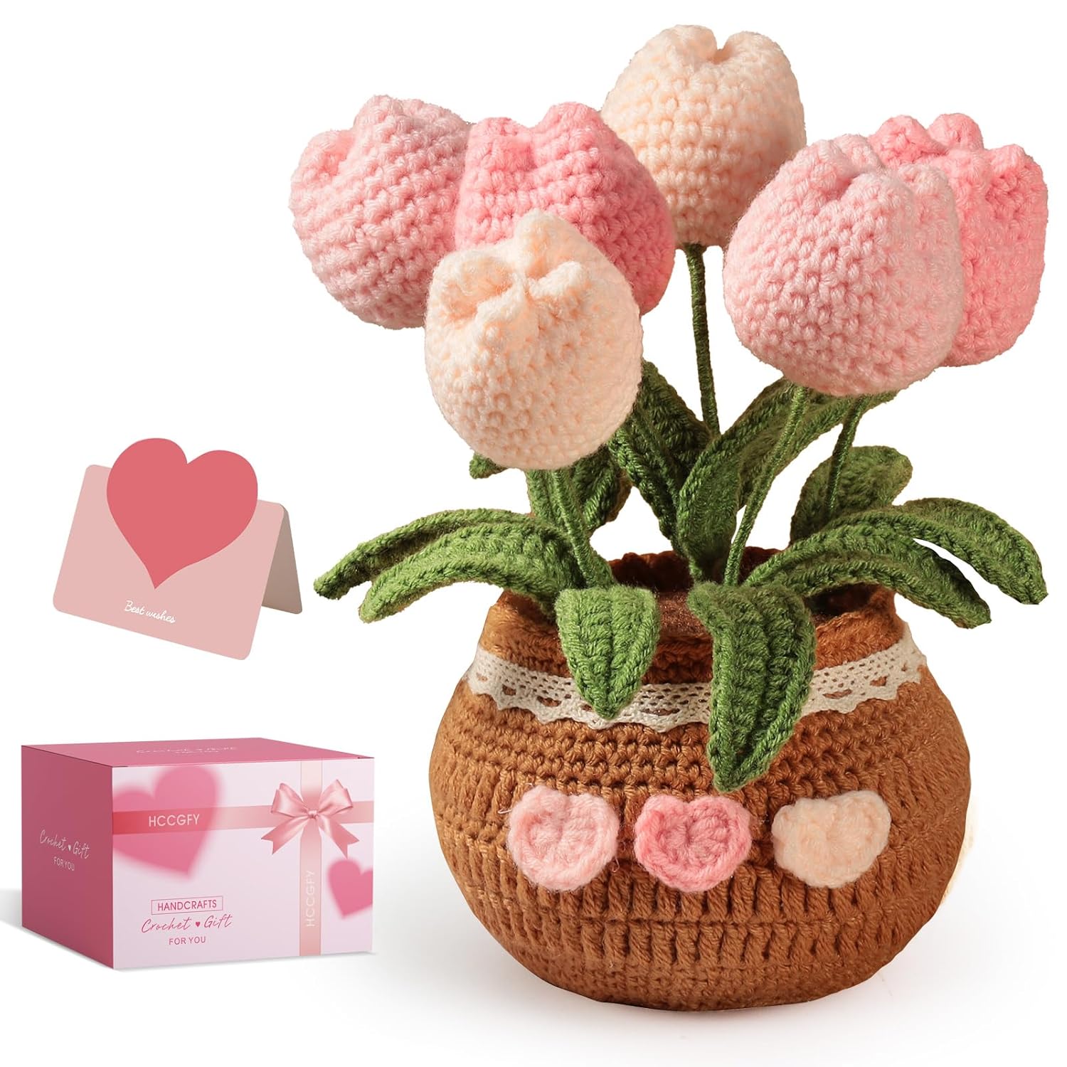 Completed Hand-Crocheted Tulip Potted Plant With Premium Gift Box, Unique Hand-Crafted Gift For Home And Office Desk Decor, Perfect For Girlfriend, Wife, Moms, Lover And You (Pink)