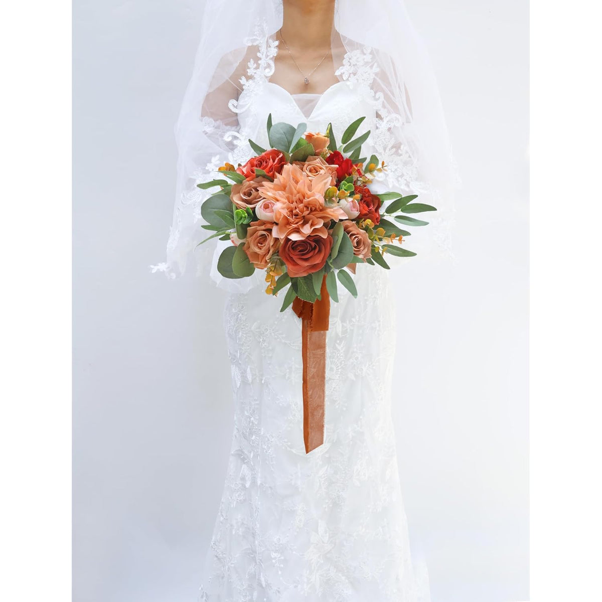 Burnt Orange Wedding Bouquets For Bride, Artificial Flowers Terracotta Bouquet For Rustic Wedding Ceremony And Anniversary