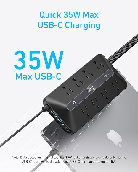 Power Strip Surge Protector 8 Outlets 4 USB Ports 2 USB C 5FT Flat Plug Extension Cord 900J 35W