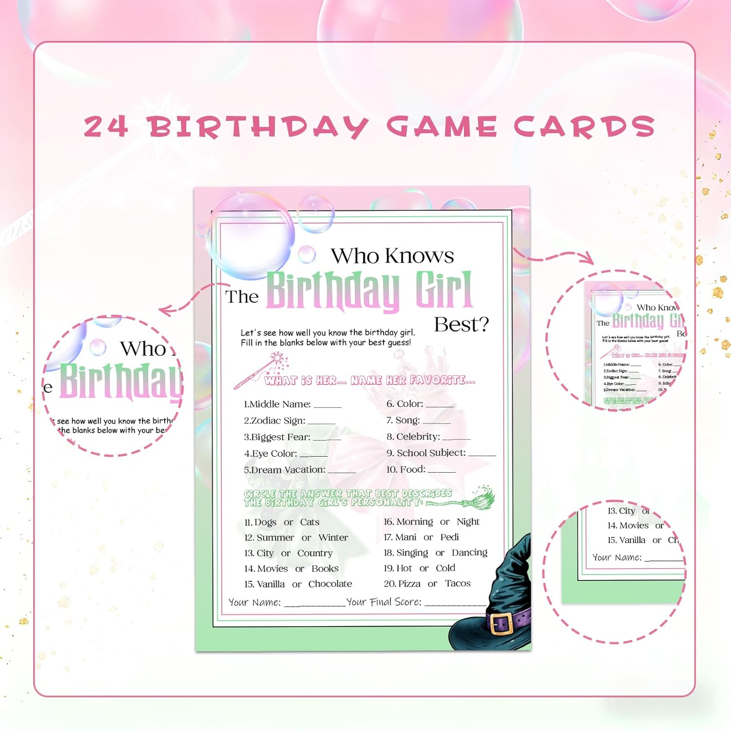 24 Pcs Who Knows The Birthday Girl Best,Witch Pink And Green Game Cards,Sweet Interactive Birthday Party Supplies