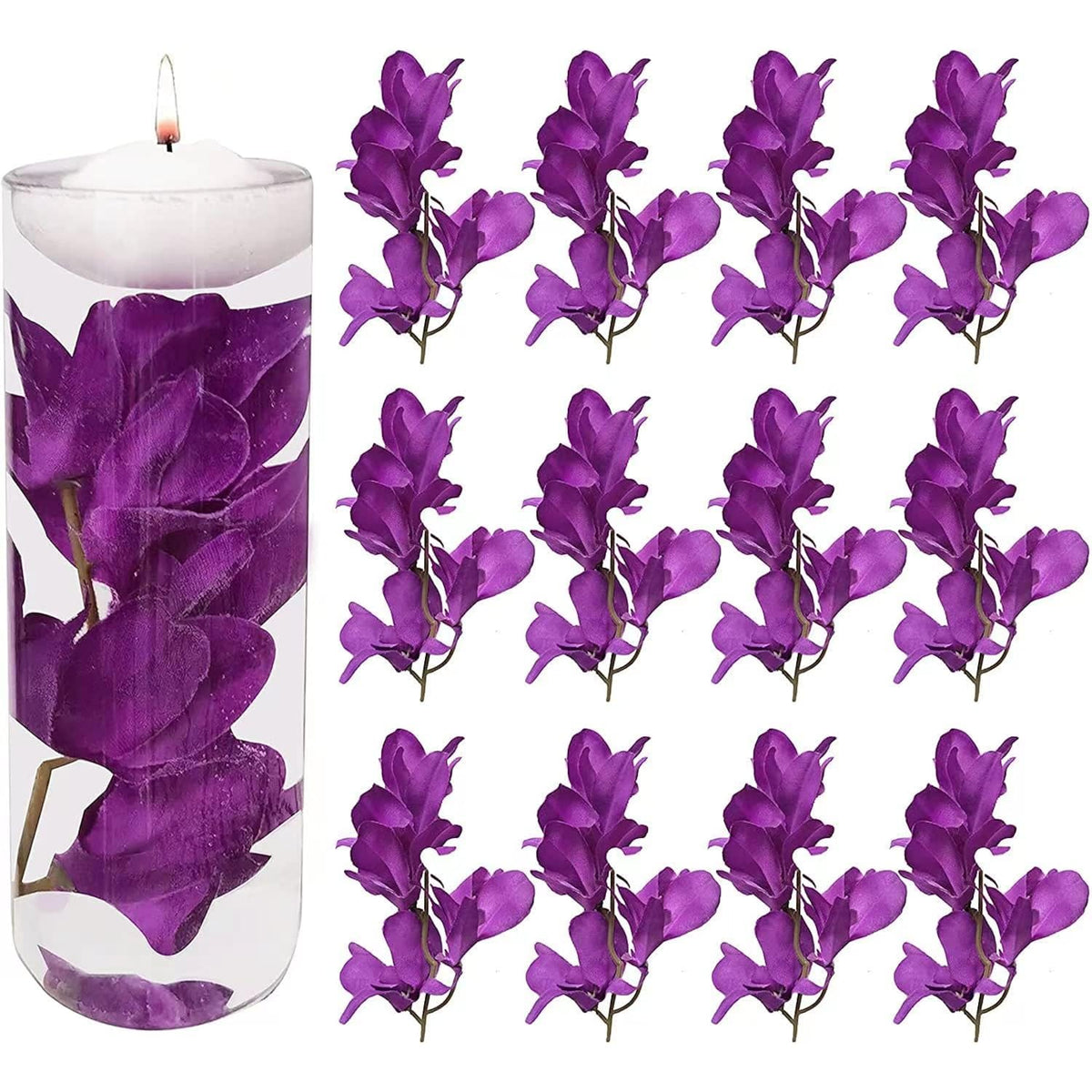 12 Pcs Purple Artificial Orchid Flower For Floating Candle Centerpieces, Faux Flower Vase Fillers For Wedding Table Party.