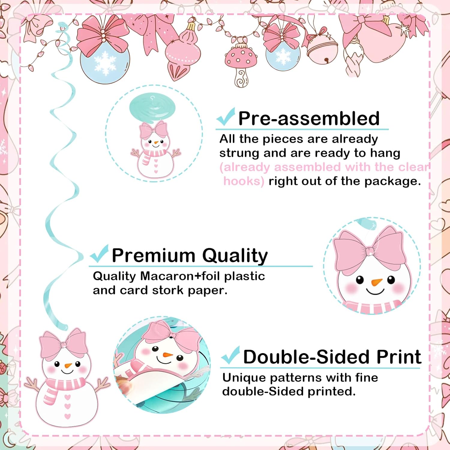 Pink Christmas Party Hanging Swirls Decorations, Pink Xmas Bow Merry Christmas Gingerbread Man Hanging Ornaments For Christmas Birthday Baby Shower Decor, Winter Holiday New Year Party