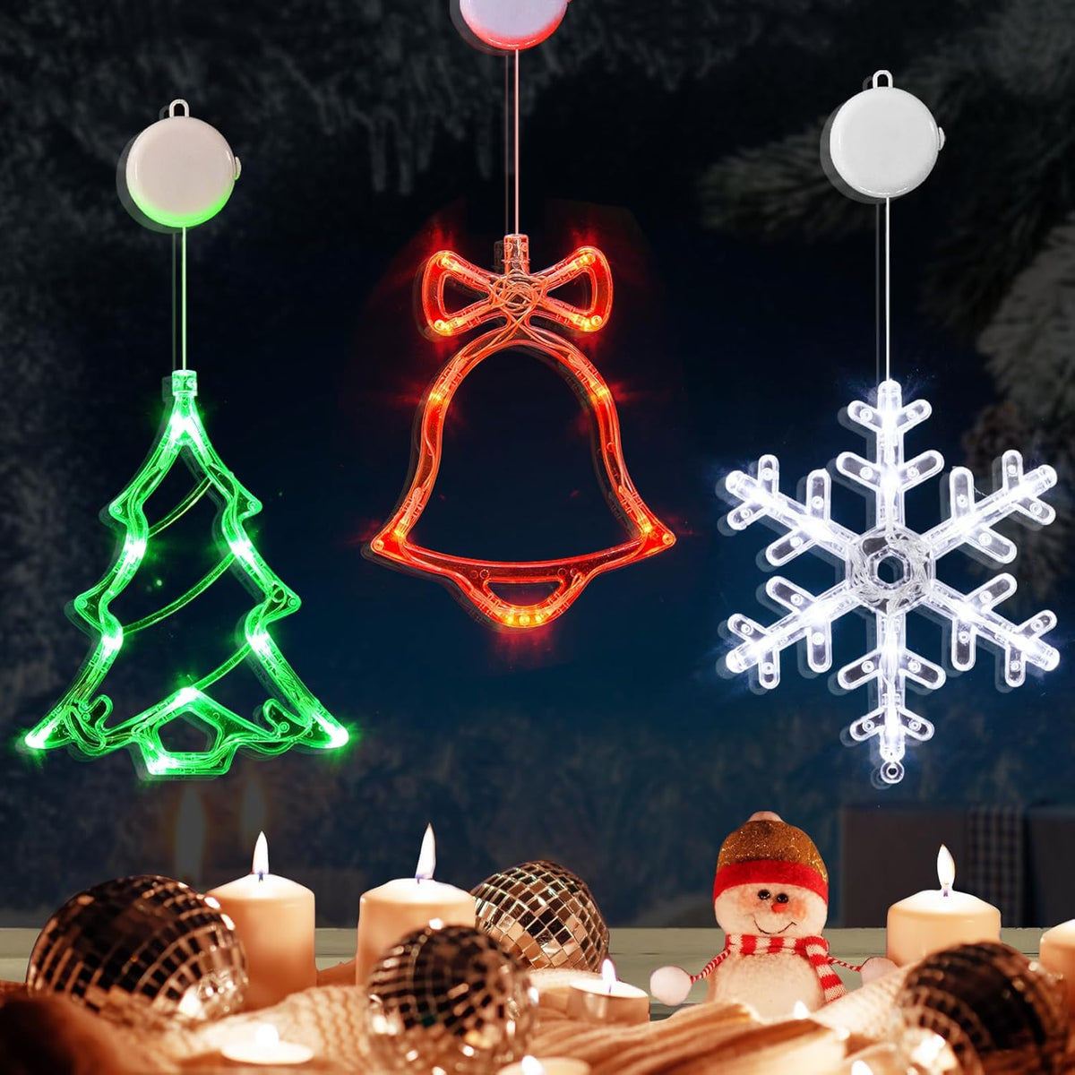 Christmas Window Decorations,3 Pack Jingling Bell,Christmas Tree,Snowflake Christmas Window Lights With Suction Cup, Tim