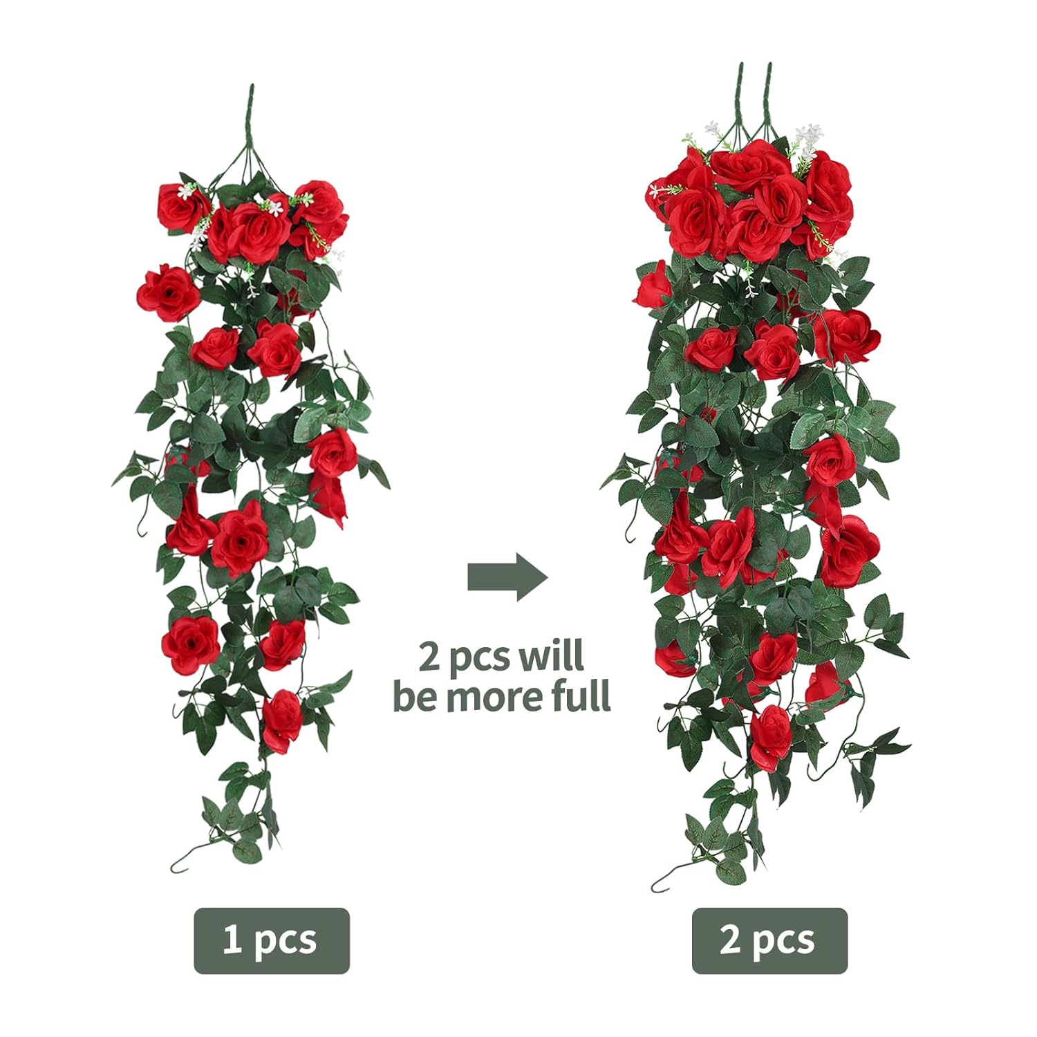 Hanging Flowers Artificial Plants 2Pcs 3.3Ft Rose Vine Flower For Home Room Garden Wedding Indoor Outdoor Decoration Valentine Rose Decor Gift (Red)