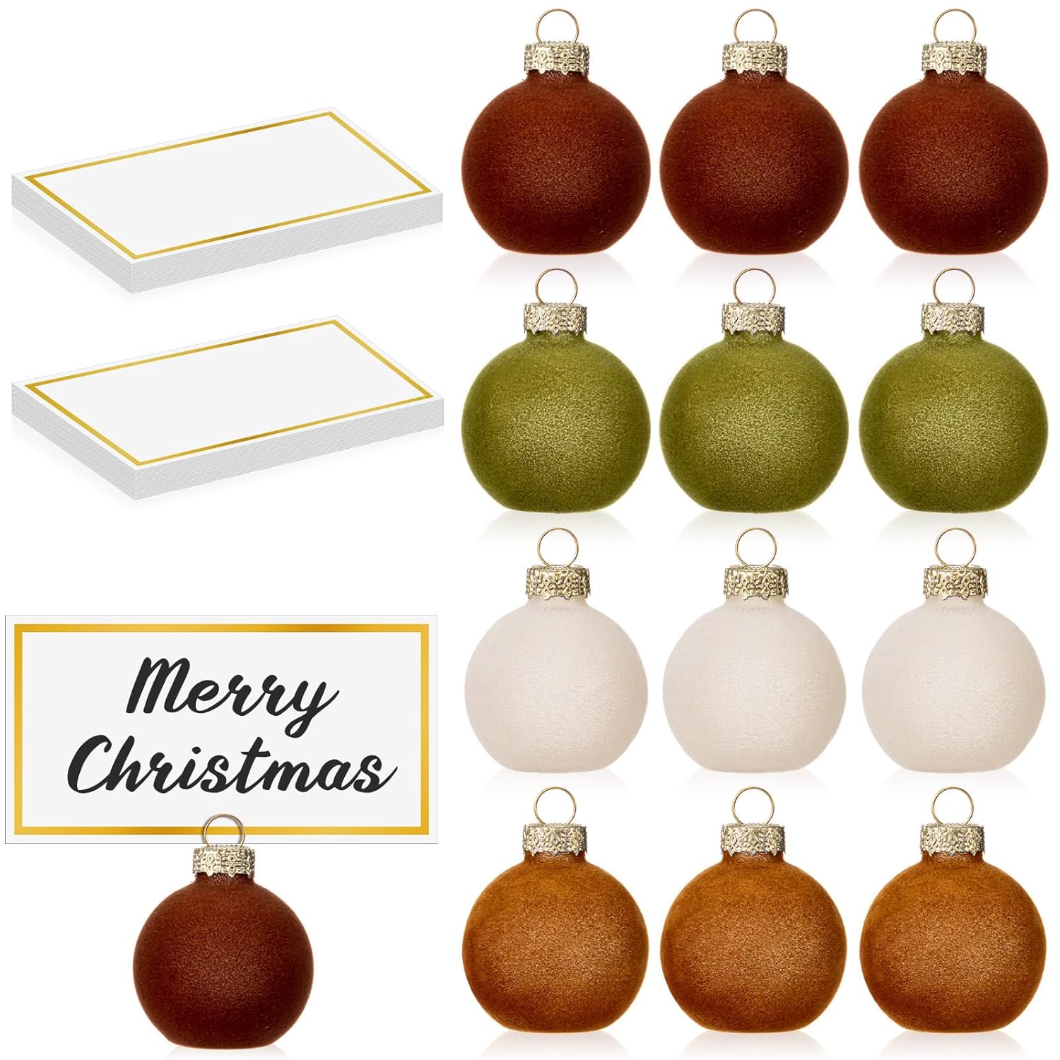 12 Pcs Velvet Glass Christmas Ornament Place Card Holders With 18 Pcs Name Place Cards 1.57 Inch Glass Ball Table Sign Photo Picture Number Stand For Xmas Table Setting Holiday Party Decor