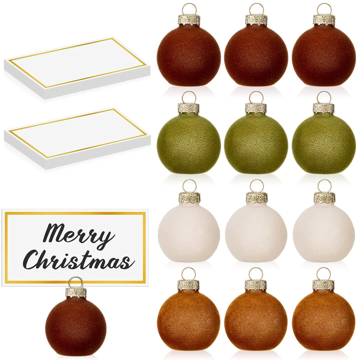 12 Pcs Velvet Glass Christmas Ornament Place Card Holders With 18 Pcs Name Place Cards 1.57 Inch Glass Ball Table Sign Photo Picture Number Stand For Xmas Table Setting Holiday Party Decor