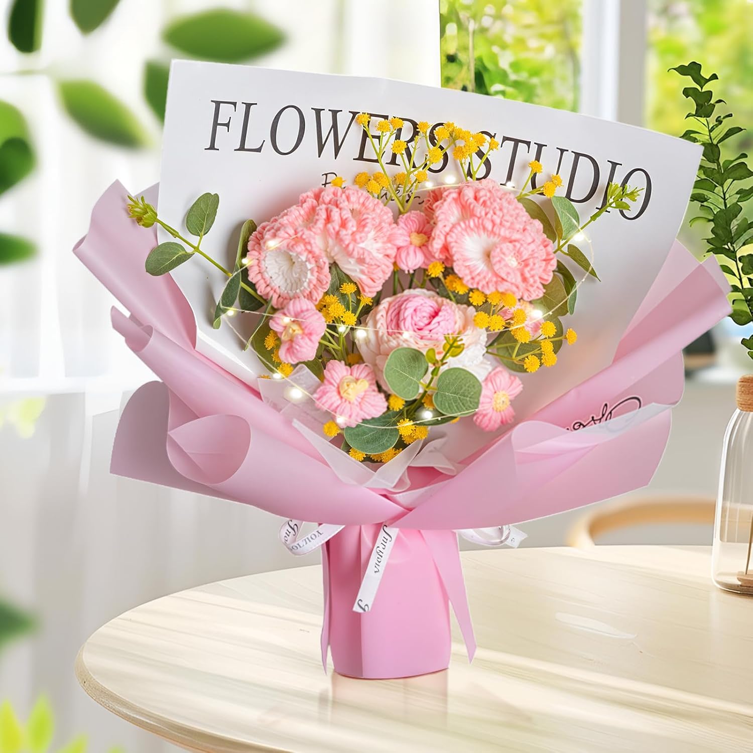 Handmade Crochet Carnation Rose Daisy As A Gift For Mother'S Day, Lover, Friends. Crochet Flowers Bouquet, Knitted Flowers With Led Lights, Artificial Flower Finished Bouquet