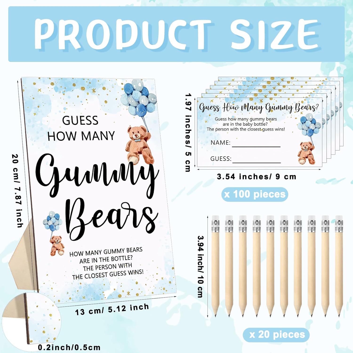 122 Pcs Baby Shower Games Guess How Many Bears 100 Guessing Cards 20 Pencils 1 Bottle 1 Wood Standing Sign For Baby Shower Games Gender Reveal Party Decoration(Blue)