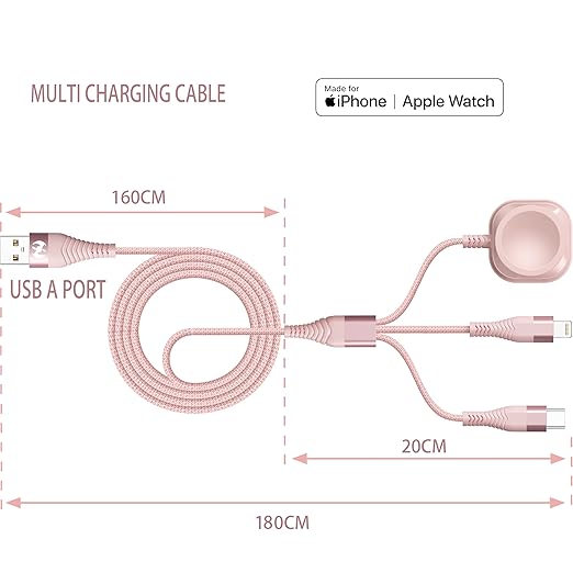 6FT 3 in 1 Apple Watch Multi Charging Cable Nylon Braided USB A Lightning USB C