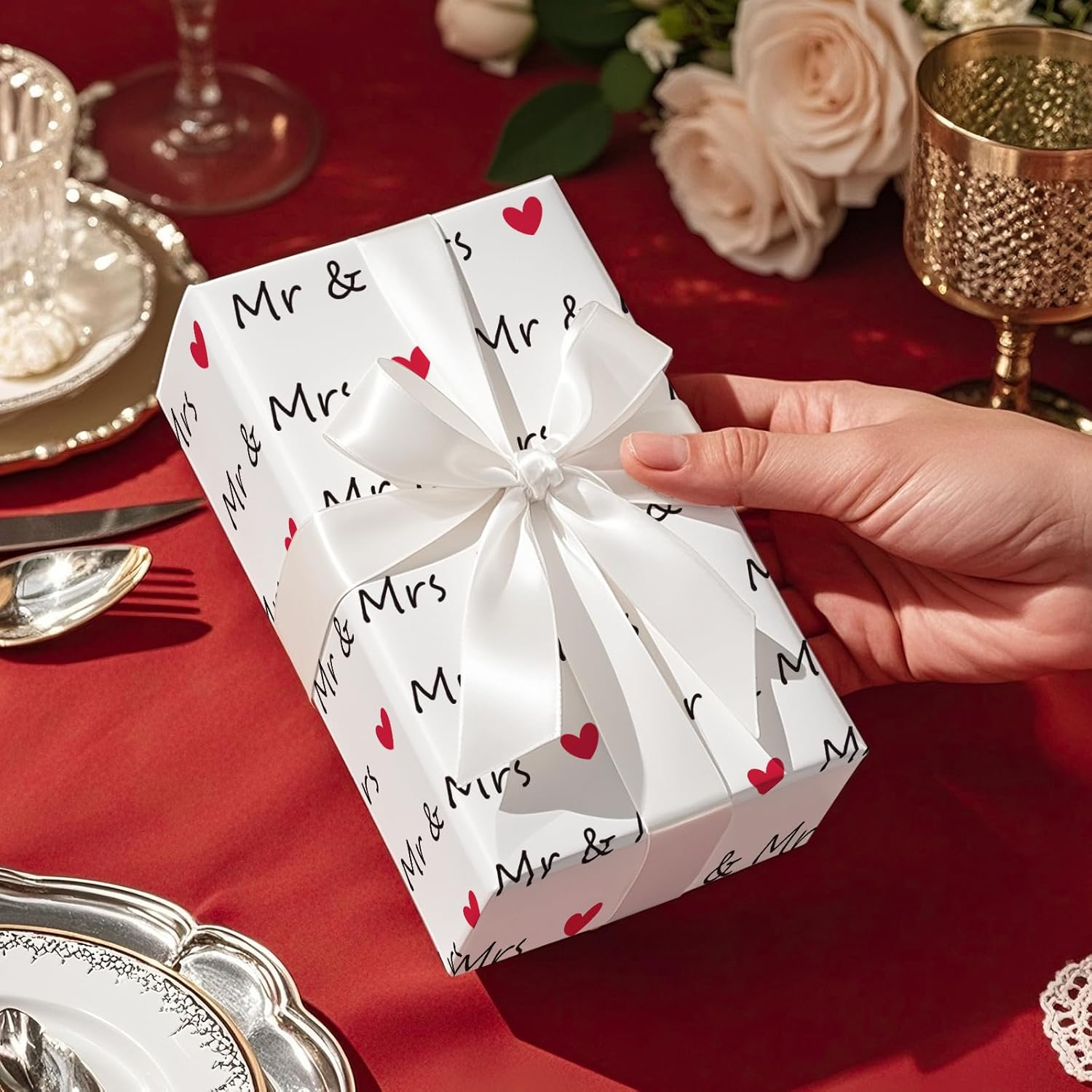 Wedding Wrapping Paper Roll For Couples, Mini Roll, Romantic Mr & Mrs Text With Red Hearts Design, Elegant Gift Wrap For Wedding, Anniversary Bridal Shower, 17 Inches X 16.4 Feet