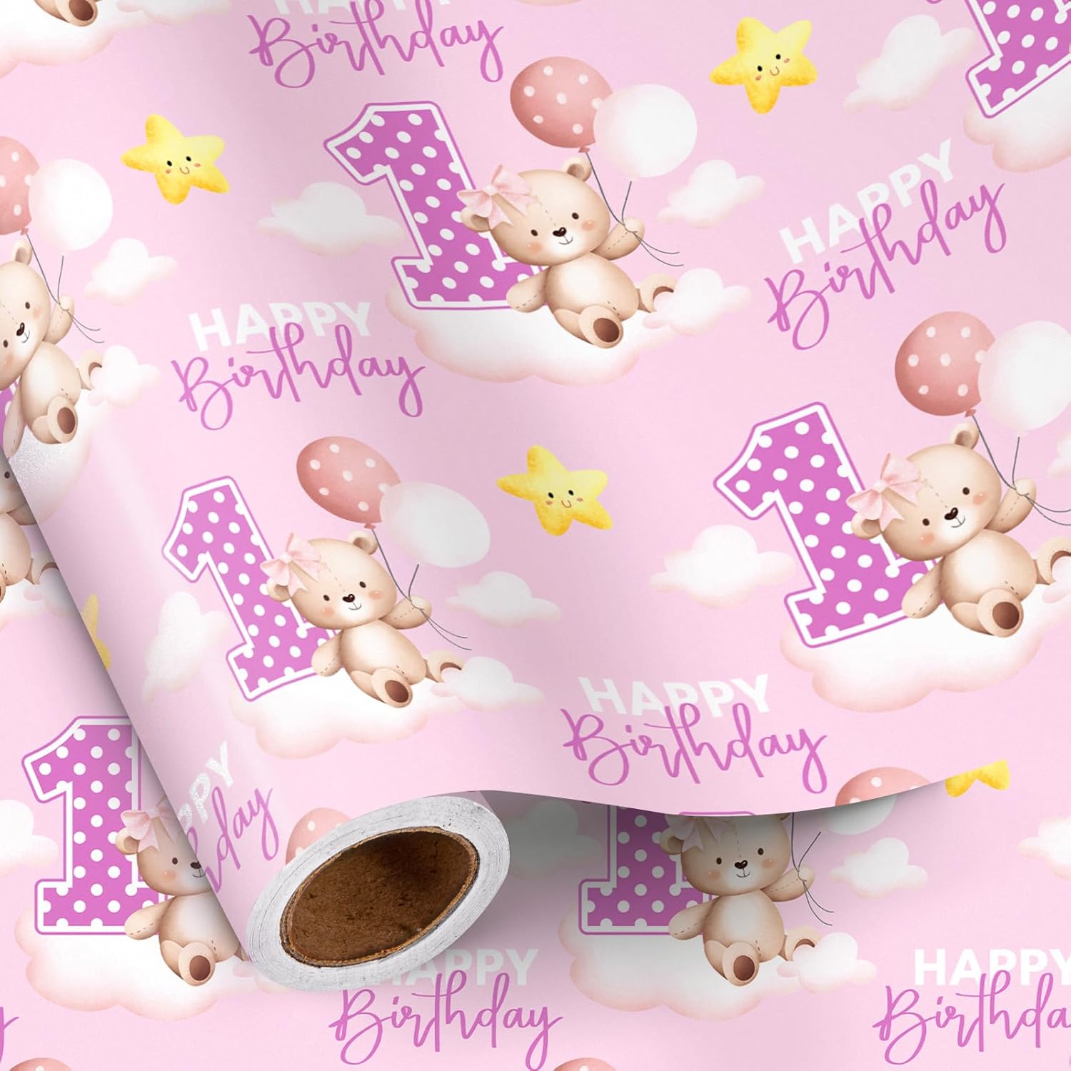 1St Birthday Wrapping Paper Roll For Toddler Girl, Mini Roll, Pink Bear Balloons And Number 1 Gift Wrap Paper For First Birthday Party, Baby Shower Celebration, 17 Inches X 16.4 Feet