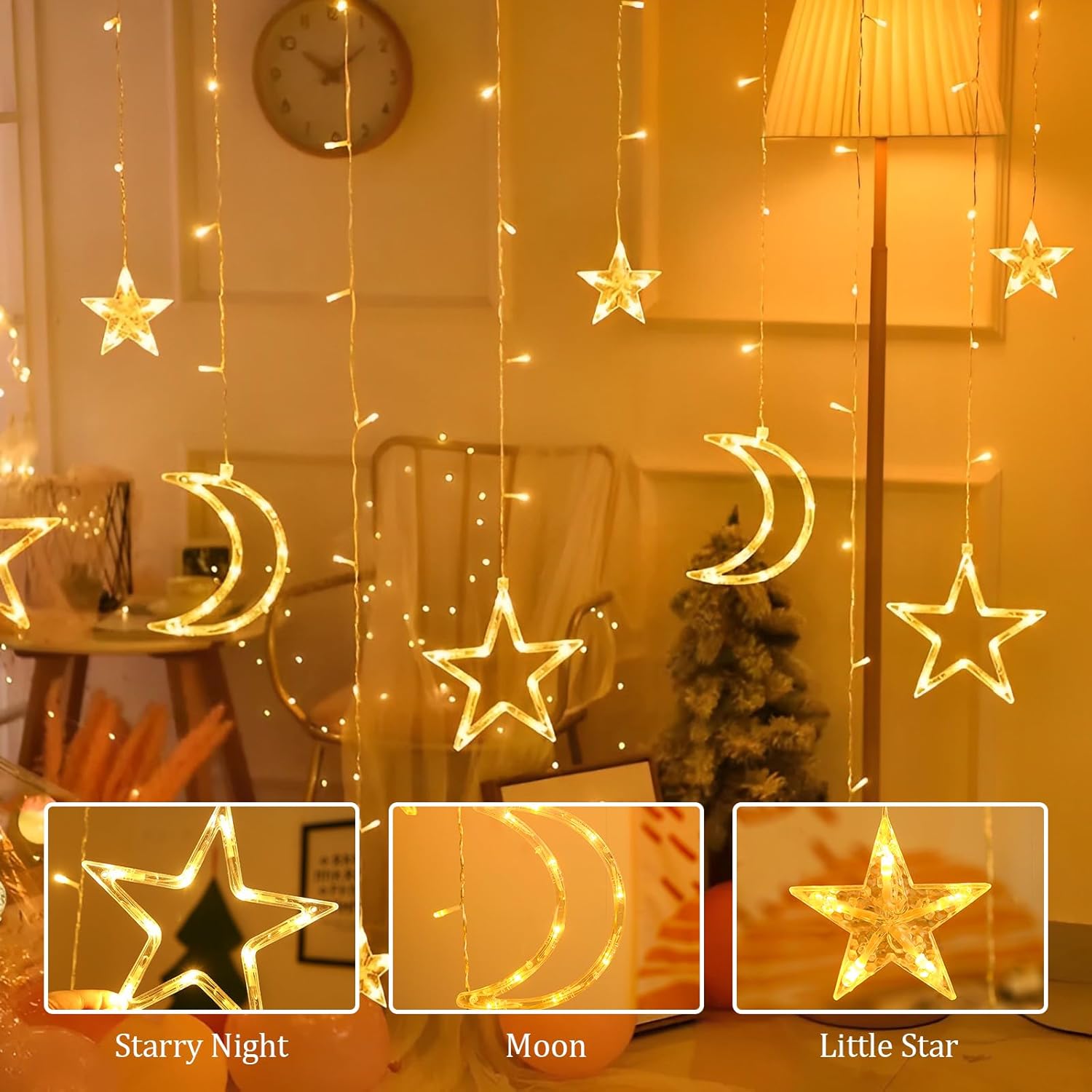 Star Moon Curtain Lights 11.5Ft Remote Control Led Fairy Lights,8 Flashing Modes Waterproof Decorative Lights For Garden