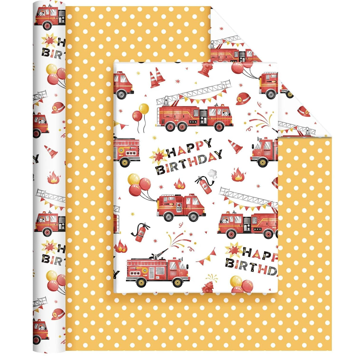 Fire Truck Birthday Wrapping Paper - 1 Roll 17”X 33Ft Truck Cars Gift Wrap Supply Happy Birthday Wrapping Paper For Kids Baby Boy Shower Party Favor