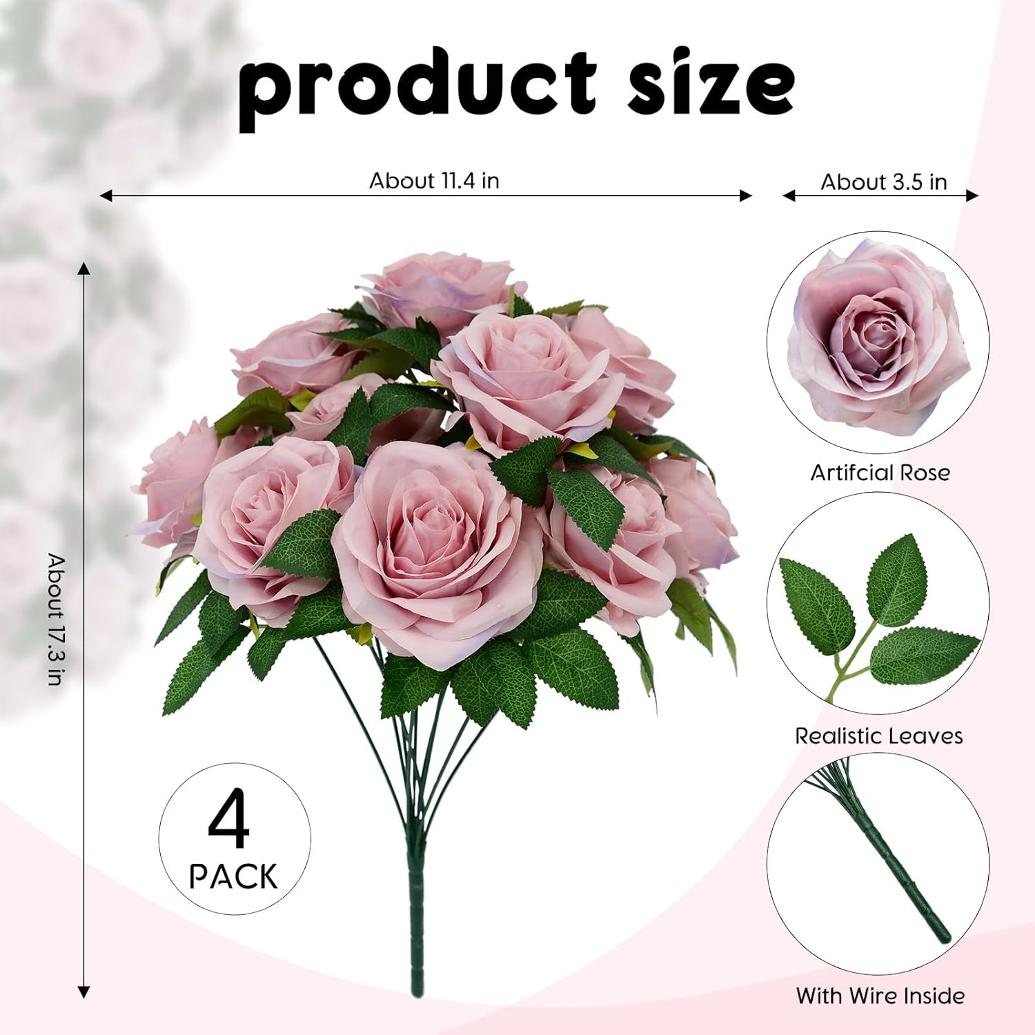 4 Pack Rose Artificial Flowers, Huge Silk Flowers Bouquet With 40Pcs Big Rose Flower Head, Artificial Roses For Wedding Centerpieces Bridal Bouquet Mother'S Day Valentine'S Day Home Decor, Lavender
