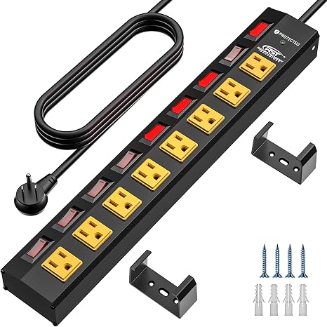 8 Outlet Metal Power Strip with Individual Switches 1200J 6FT Wide Spacing