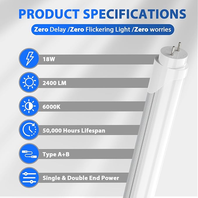 10 Pack 4FT T8 LED Tube Lights 18W 2400LM 6000K Type A B Fluorescent Replacement