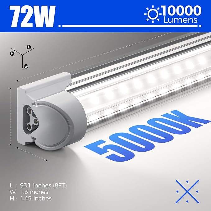 10 Pack 8FT LED Shop Lights 72W 10000LM 5000K V Shape Linkable Garage Warehouse Lights