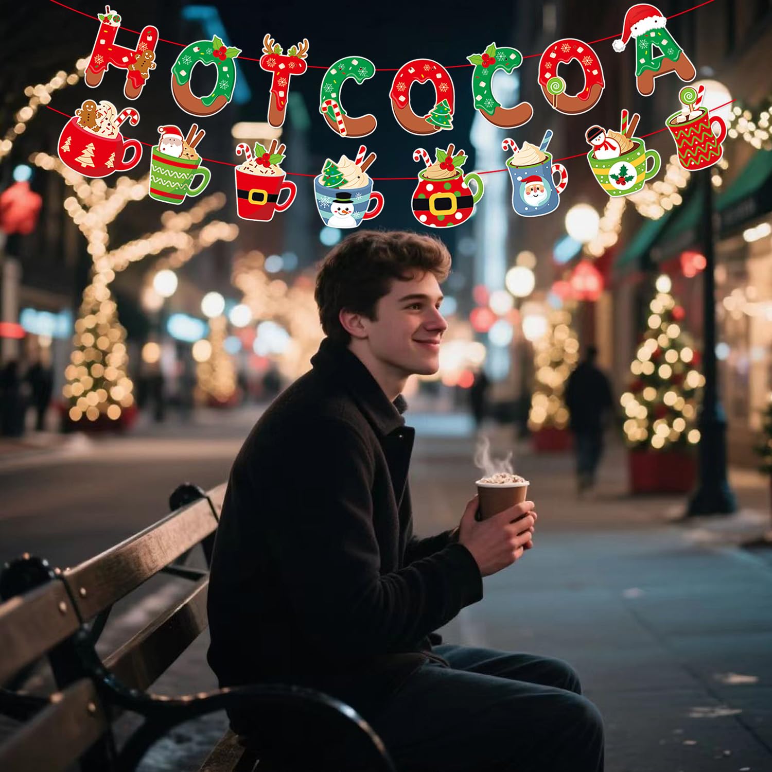 Pre-Assembled Christmas Hot Cocoa Banner,Hot Cocoa Cups Garland,Gingerbread Hot Chocolate Bar Supplies For Baby Shower Winter Holiday New Year Party Decor,Snowflake Holiday Party Winter Wedding Sign