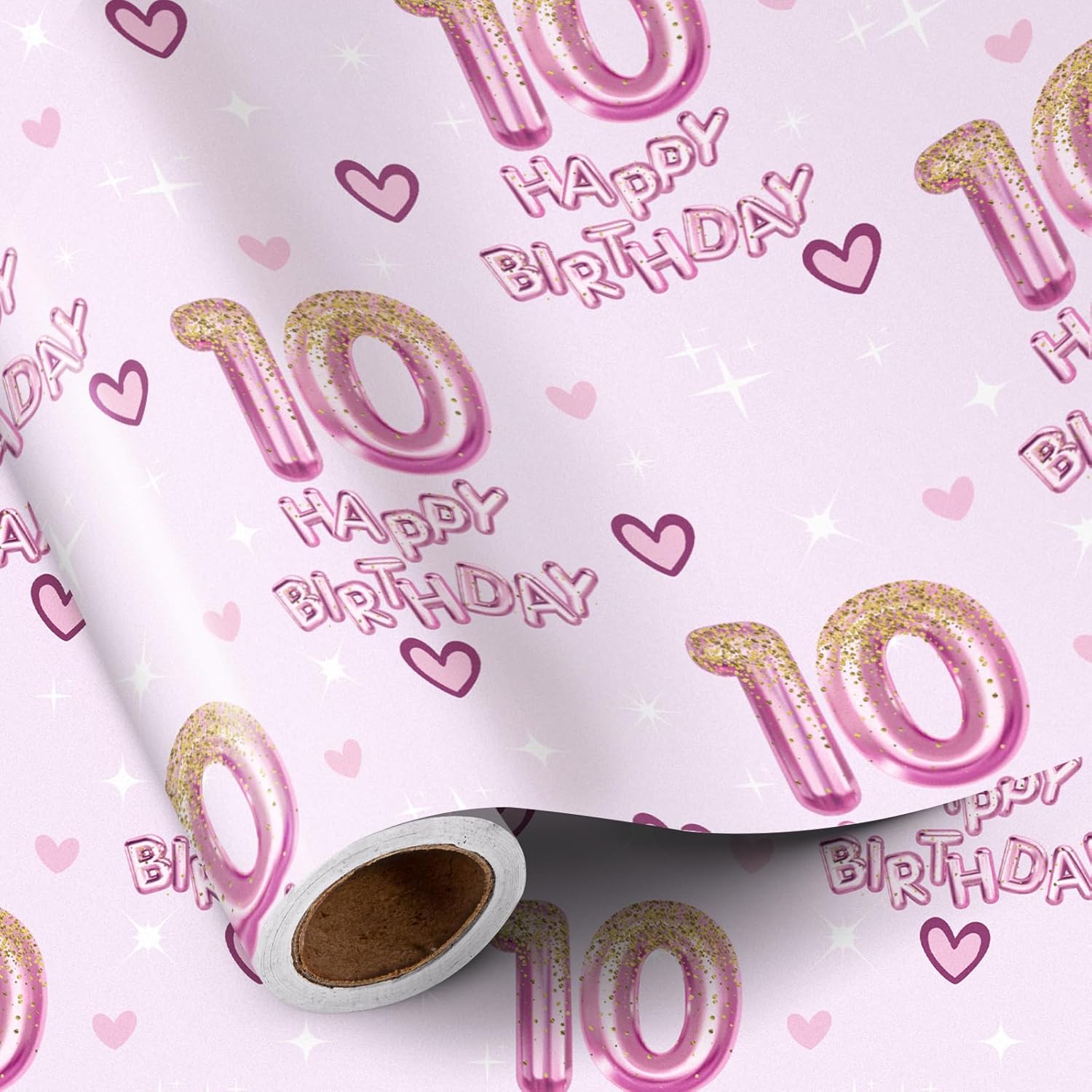 10Th Birthday Wrapping Paper Girls, Hearts And Pink Number 10 Balloons Happy Birthday Design, 10 Years Old, Mini Roll, 17 Inches X 16.4 Feet, Perfect For Girls' Birthday Party Gifts