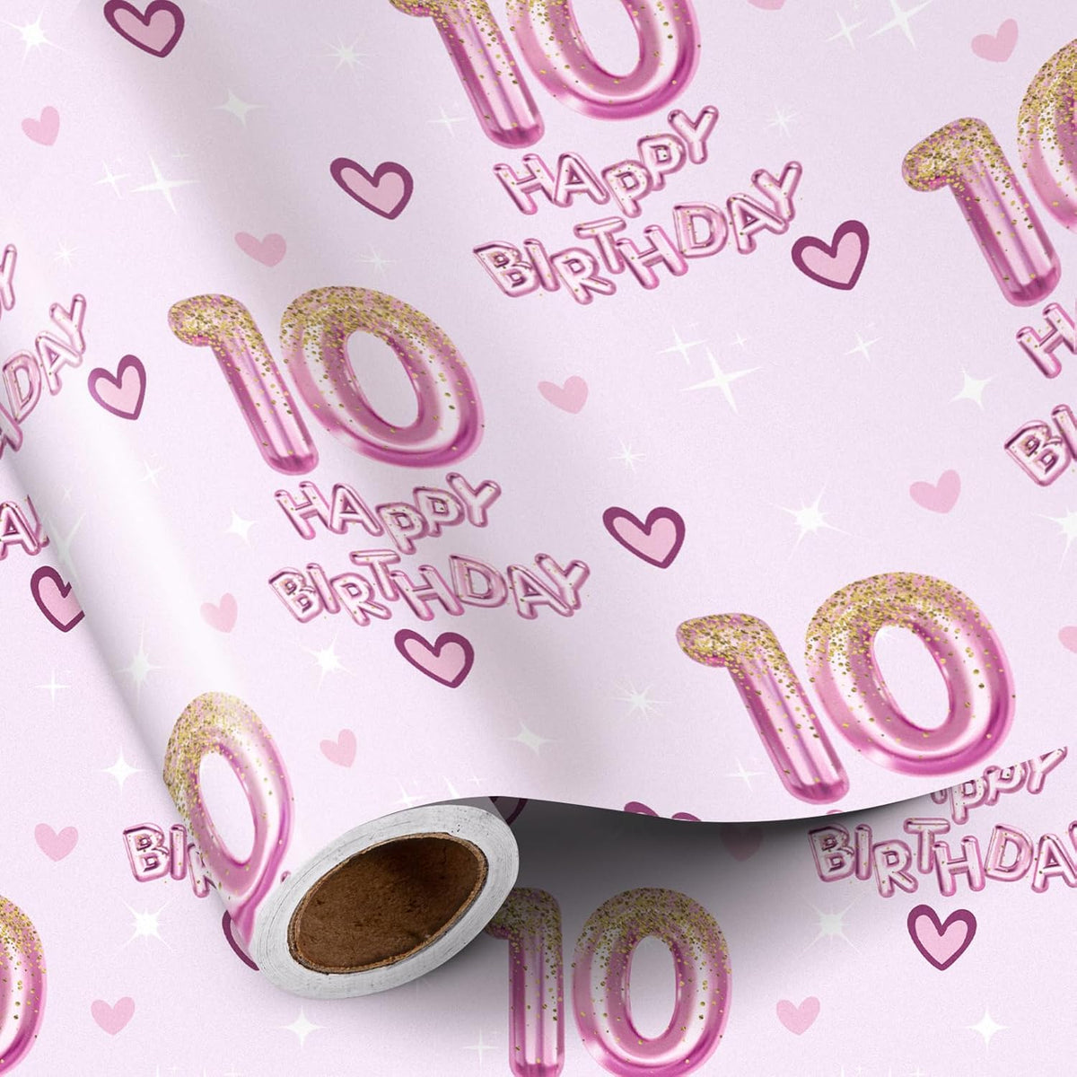 10Th Birthday Wrapping Paper Girls, Hearts And Pink Number 10 Balloons Happy Birthday Design, 10 Years Old, Mini Roll, 17 Inches X 16.4 Feet, Perfect For Girls' Birthday Party Gifts