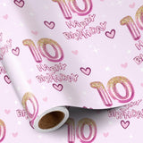 10Th Birthday Wrapping Paper Girls, Hearts And Pink Number 10 Balloons Happy Birthday Design, 10 Years Old, Mini Roll, 17 Inches X 16.4 Feet, Perfect For Girls' Birthday Party Gifts
