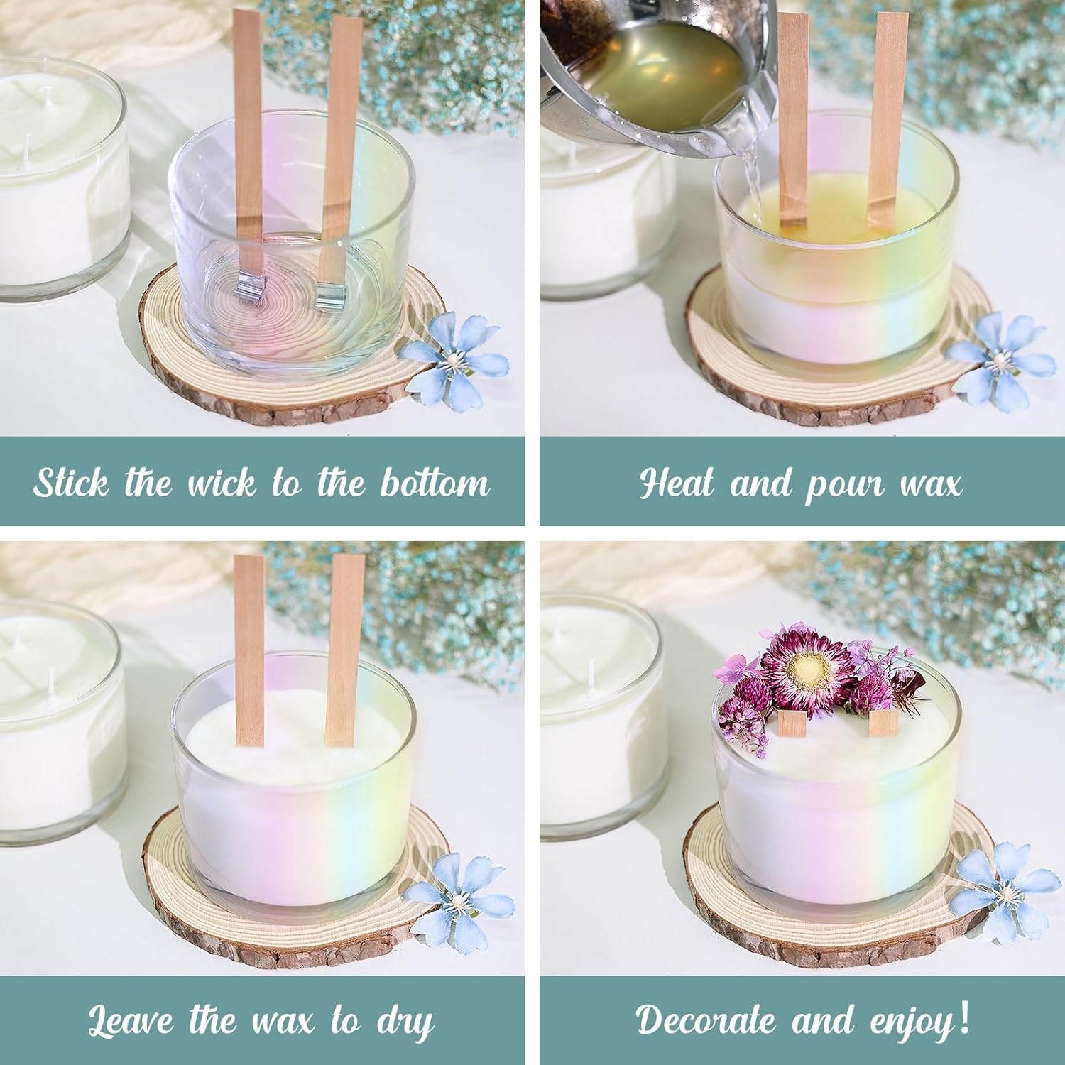 16Oz 3 Wick Candle Jars 6 Pack - Large Empty Iridescent Wide Mouth Glass Candle Making Jars With Bamboo Lids And Stickers And Labels, Bulk Candle Containers For Making Candles