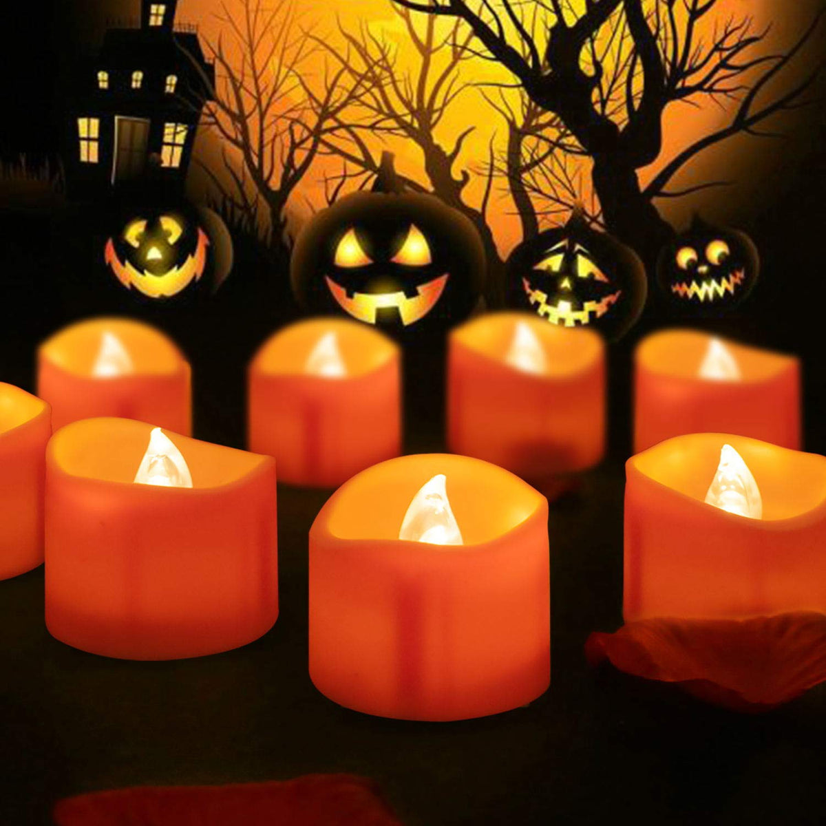 24 Pack Halloween Tea Lights, Realistic Orange Tea Candles, Battery Operated Flameless Tealights For Halloween, Fall Decorations