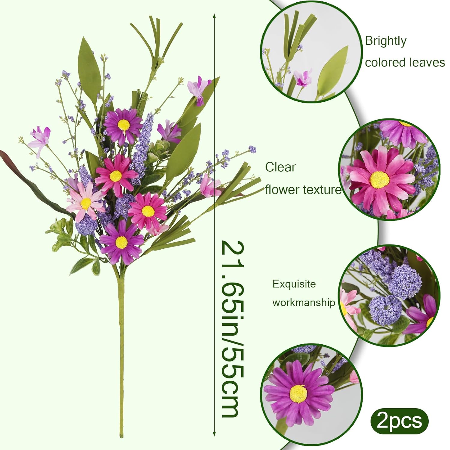 2 Pcs Artificial Flowers Daisy Fake Wildflowers Bouquet Purple Faux Wildflower Lavender Summer Flowers Artificial For Decoration Spring Silk Floral Arrangement Wedding Party Table Centerpieces