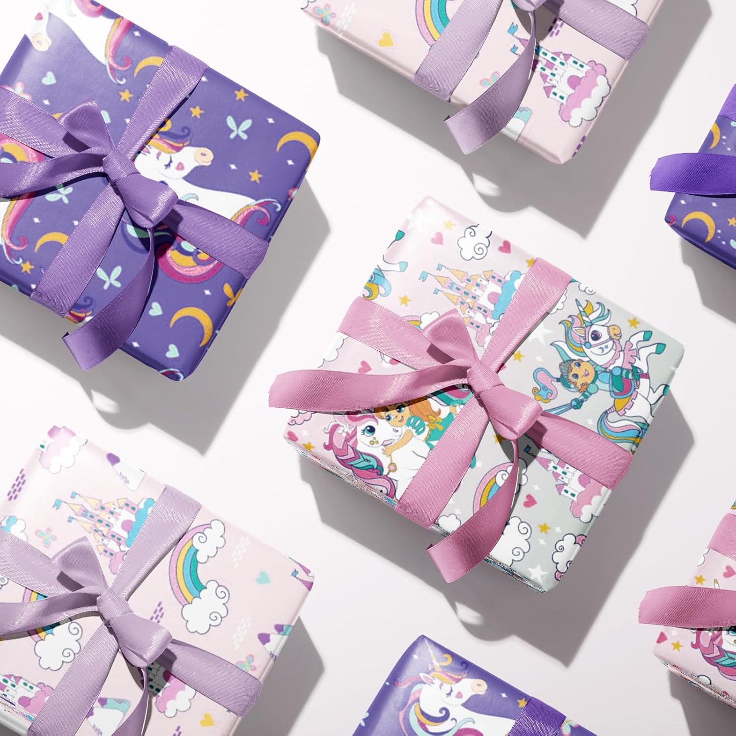 Unicorn Birthday Wrapping Paper Roll For Kids Girls Women, Purple Unicorn Wrapping Paper Rolls, Castle & Rainbow Gift Wrap For Birthday, Baby Shower Party Favor, 17 X 120 Inches, 3 Rolls