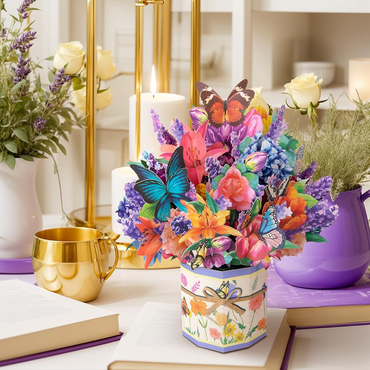 Butterfly Flower Bouquet Pop Up Card, Mother'S Day Flower Cards, Get Well Soon, Includes Envelope And Note Tag.