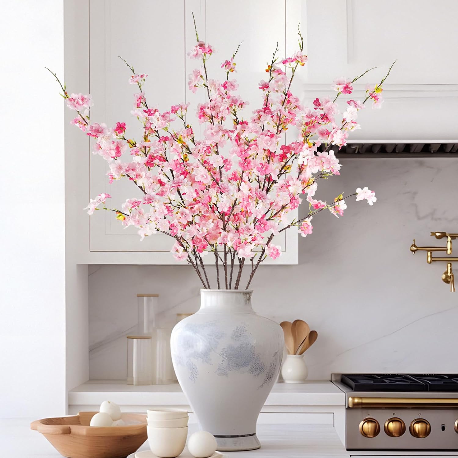 8 Pcs Artificial Cherry Blossom Flowers 40" Faux Silk Cherry Blossom Stems Fake Real Touch Peach Branches For Wedding Home Garden Japanese Decor Pink