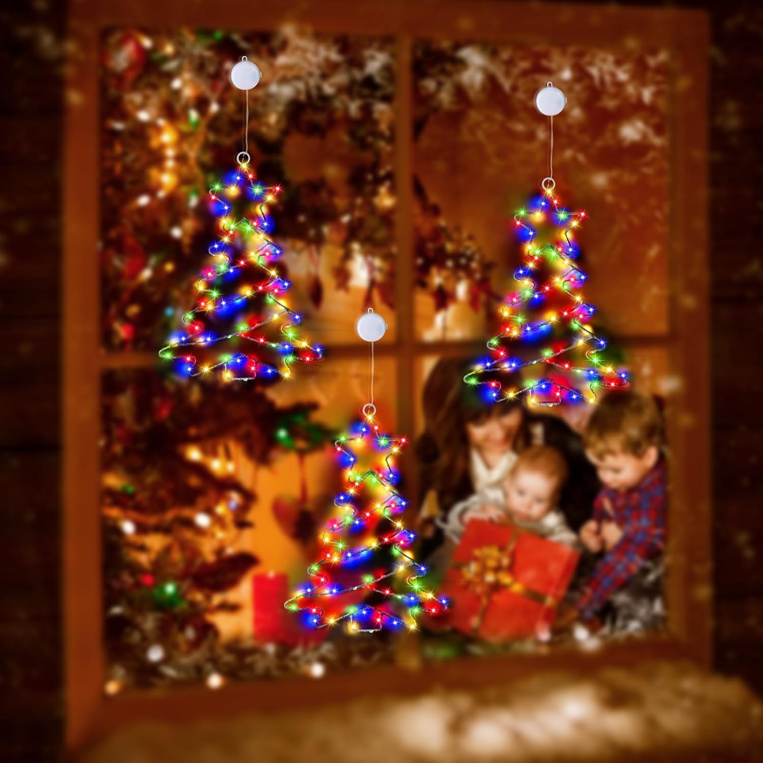 2Pcs Christmas Window Lights, Battery Powered Christmas Tree Lights Metal Framed Hanging Christmas Window Decorations Wi