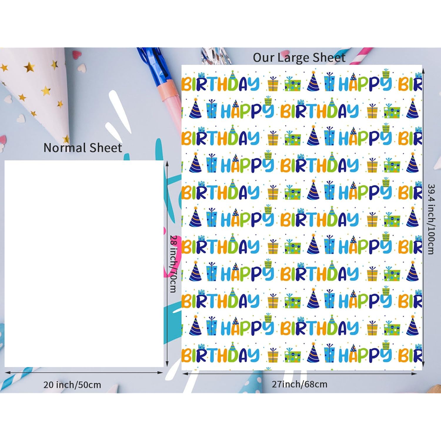 Birthday Wrapping Paper For Boys Girls Kids Men Women Holiday Party - 3 Large Sheets Colorful Balloon 'Happy Birthday' Candles Gift Wrap - 27 Inch X 39.4 Inch Per Sheet