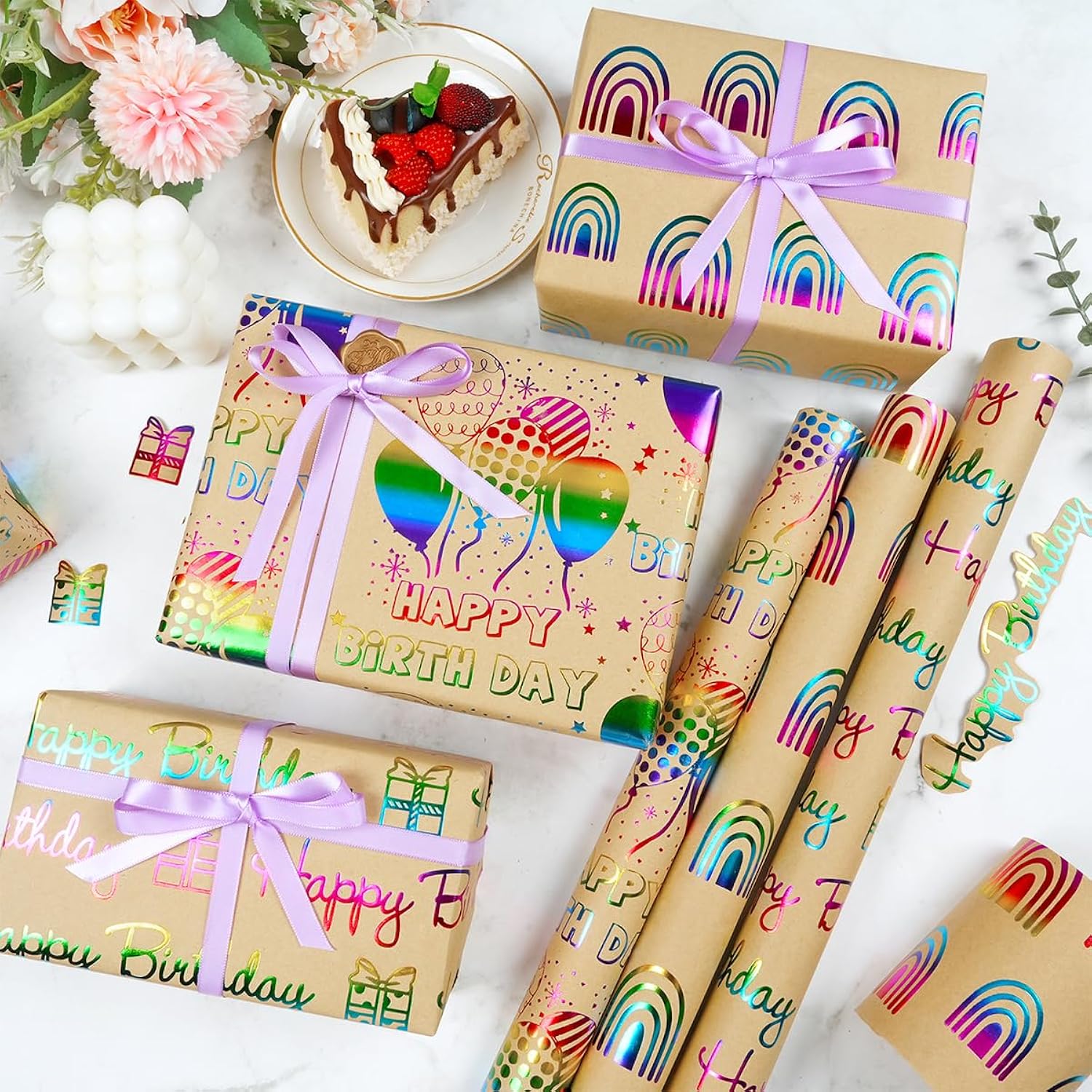 Birthday Wrapping Paper Roll, 3 Rolls Colorful Metallic Gold Foil Gift Wrapping Paper, Happy Birthday Rainbow Balloon Kraft Gift Wrapping Paper For Birthday Party Baby Shower, 17×118 Inch Per Roll