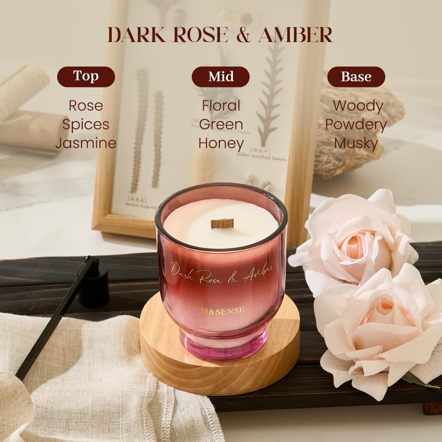 9.88Oz Natural Soy Wax Jar Candle With Wooden Wick | Dark Rose Amber Scent | 55-Hour Burn & Long-Lasting Burn | Housewarming Gift For Men And Women