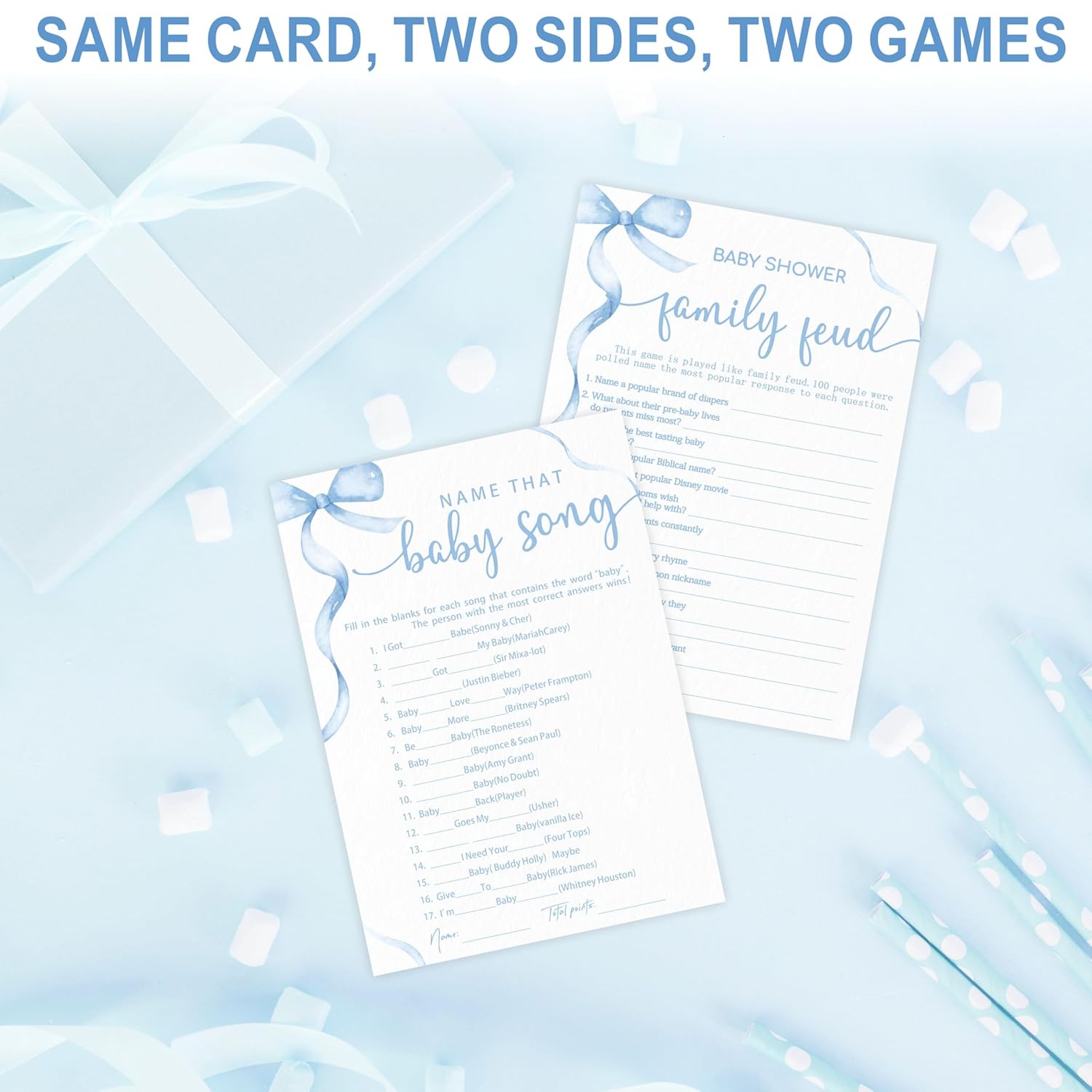 5"X 7" Baby Shower Games Kit, 30 Pcs Blue Bow Baby Song & Family Feud Two-In-One Game Cards With Answer Card, For Parents-To-Be, Baby Announcement, Gender Reveal, Party Favor & Decorations - F10