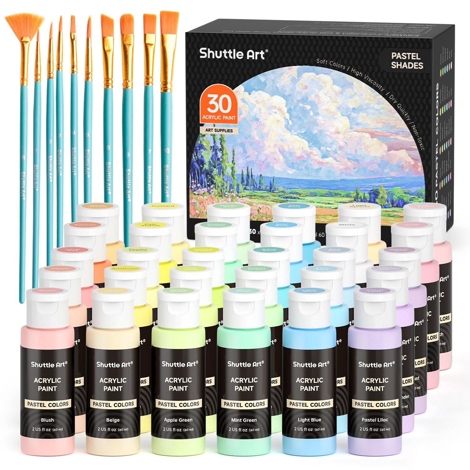 40 Pack Pastel Acrylic Paint Set, 30 Colors, 60Ml/2Oz Bottles, High Viscosity, Water-Proof With 10 Paint Brushes For Painting &Crafting On Canvas, Rock, Ceramic, Fabric, Clay